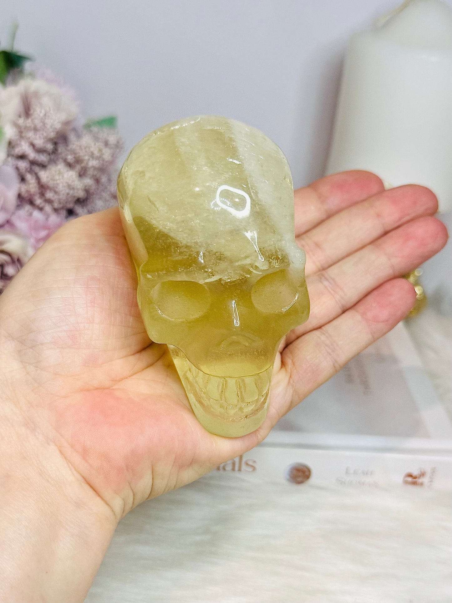 Citrine Carved Skull with Rainbows 8cm 399g