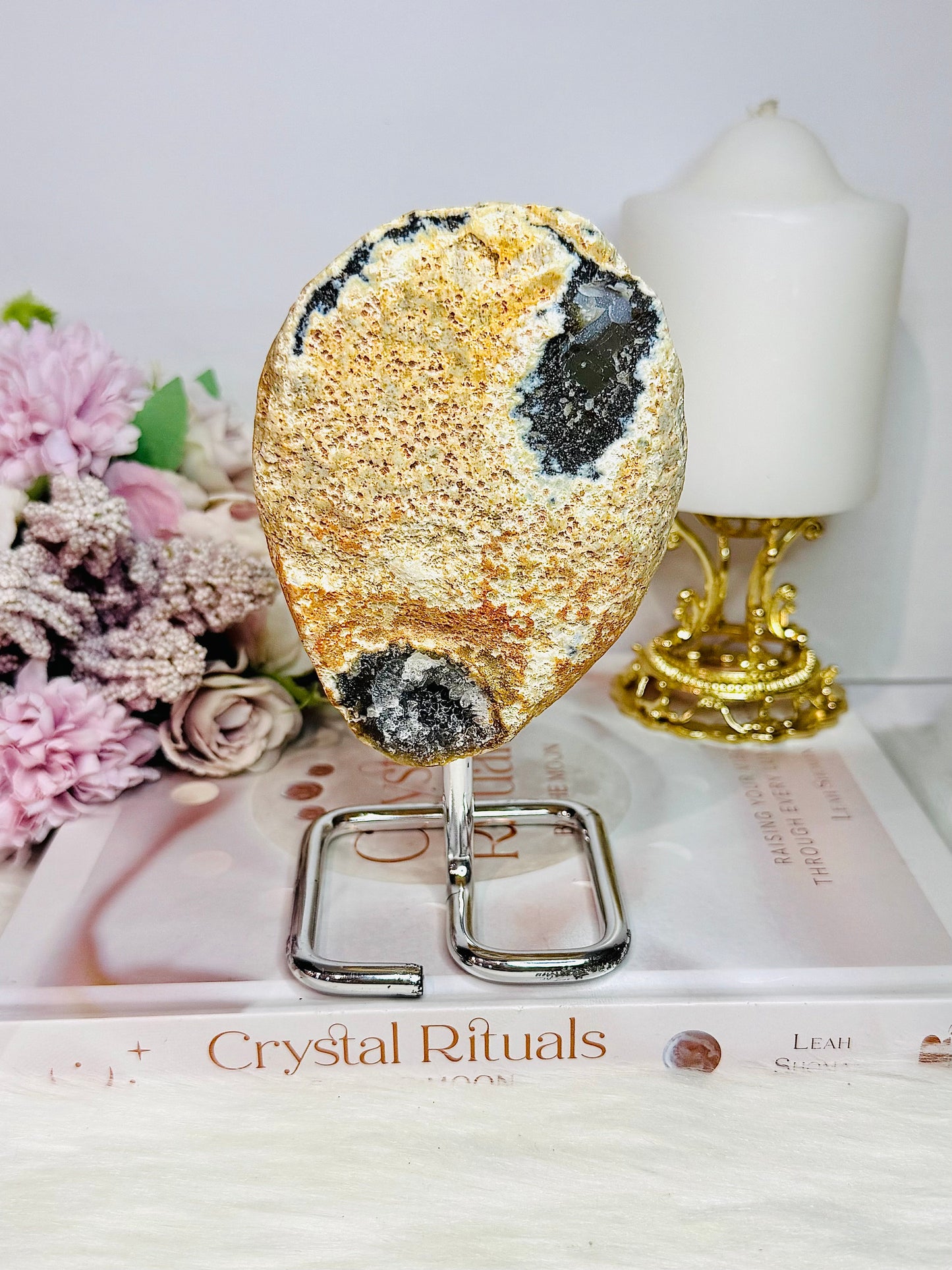 Natural Agate Geode On Silver Stand 14.5cm