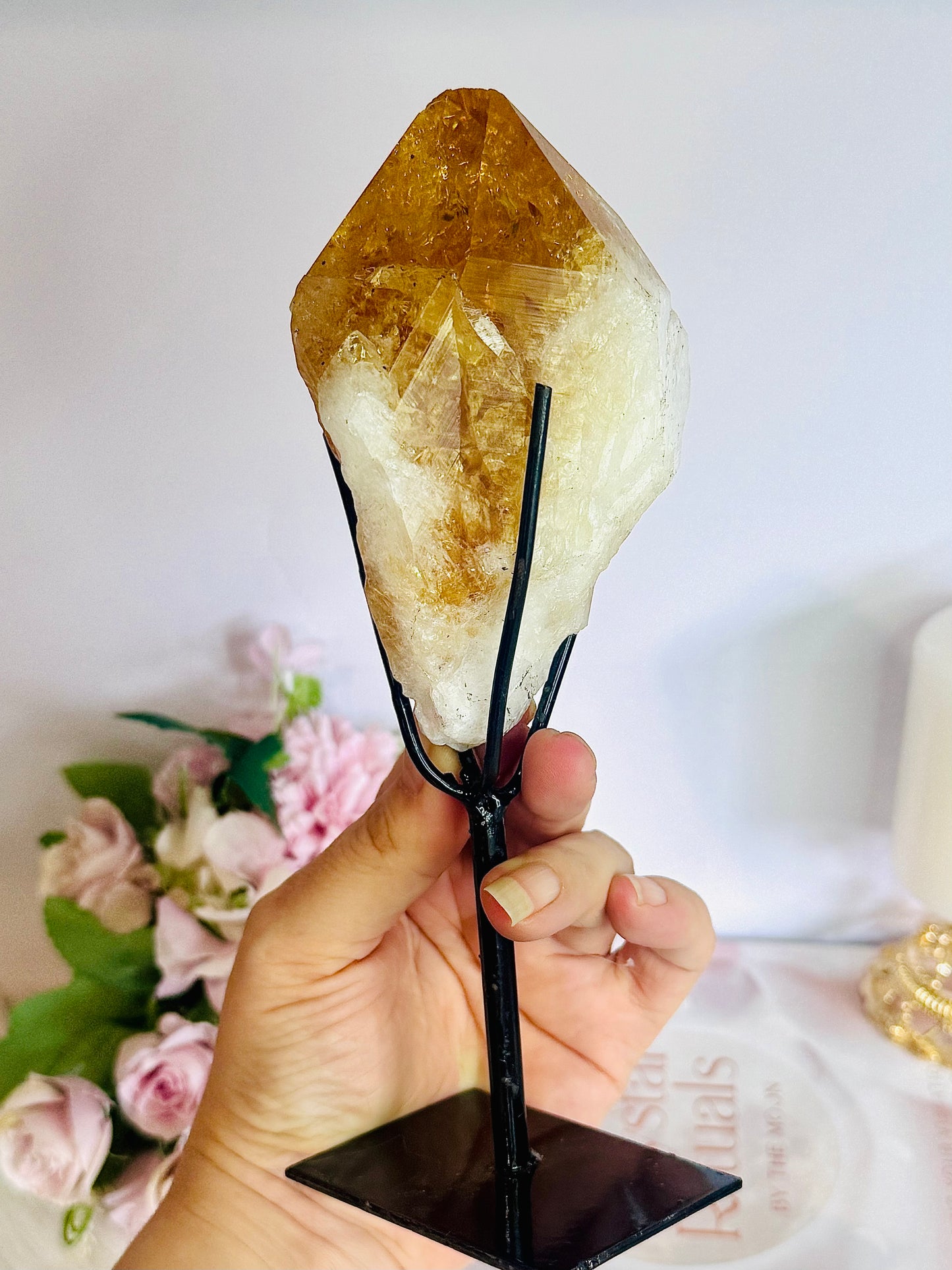 Incredible Large Citrine Freeform Full Of Rainbows On Custom Stand (Heat Treated)