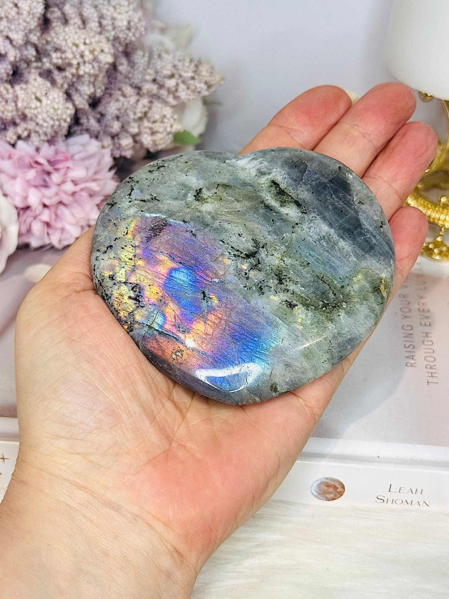 Large Labradorite Carved Heart with Purple Flash 9cm