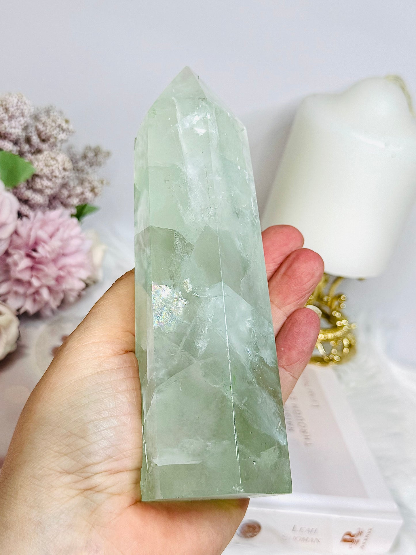 Large Green Fluorite Tower with Rainbows 15.5cm 650g