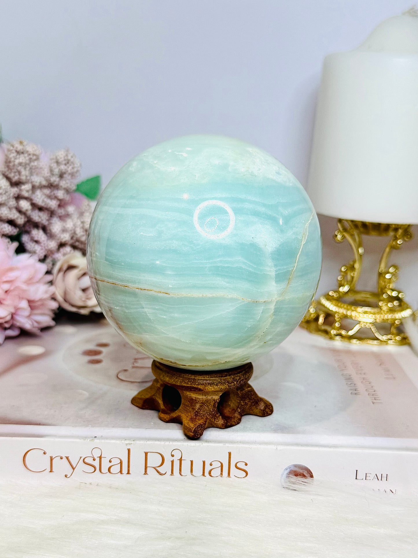 Large Caribbean Calcite Sphere 829g On Stand
