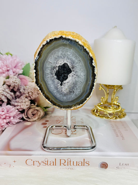Beautiful 14.5cm Large Chunky Natural Agate Geode On Silver Stand