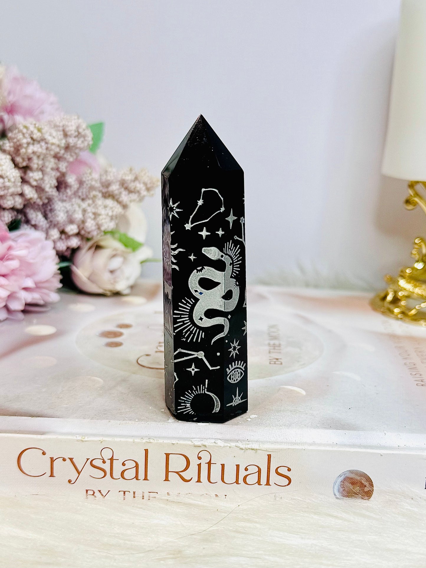 Black Obsidian Tower with Silver Engraving 9cm