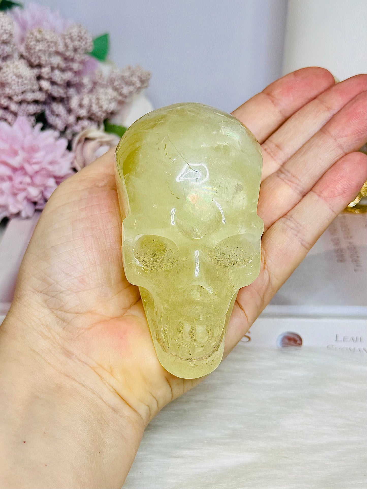 Citrine with Rainbows Carved Skull 397g 8cm