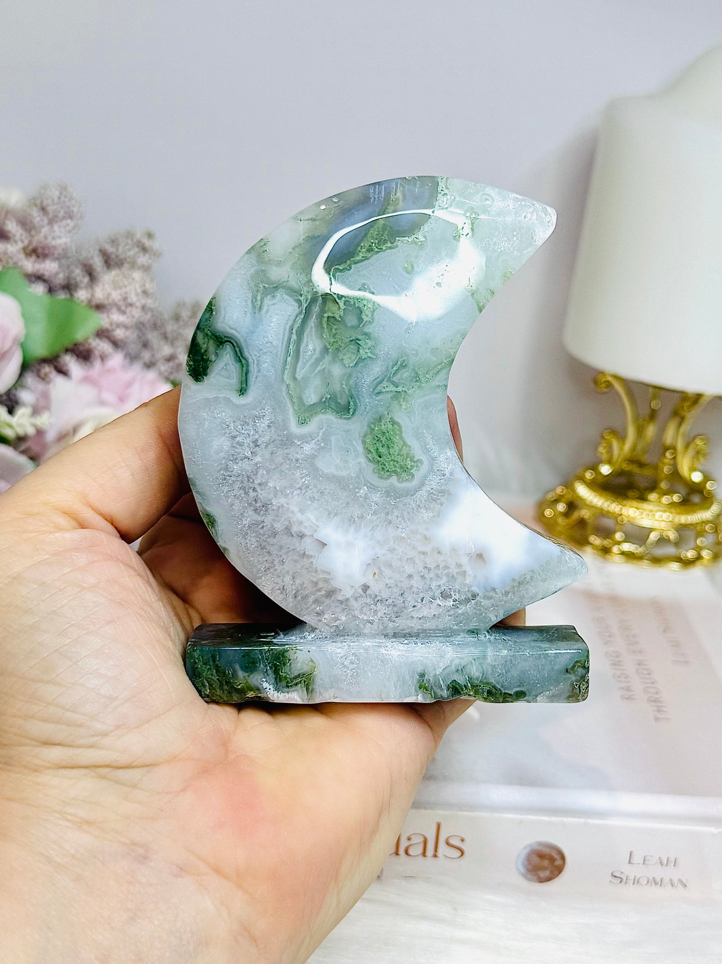 Moss Agate Druzy Moon On Stand 10cm 262g