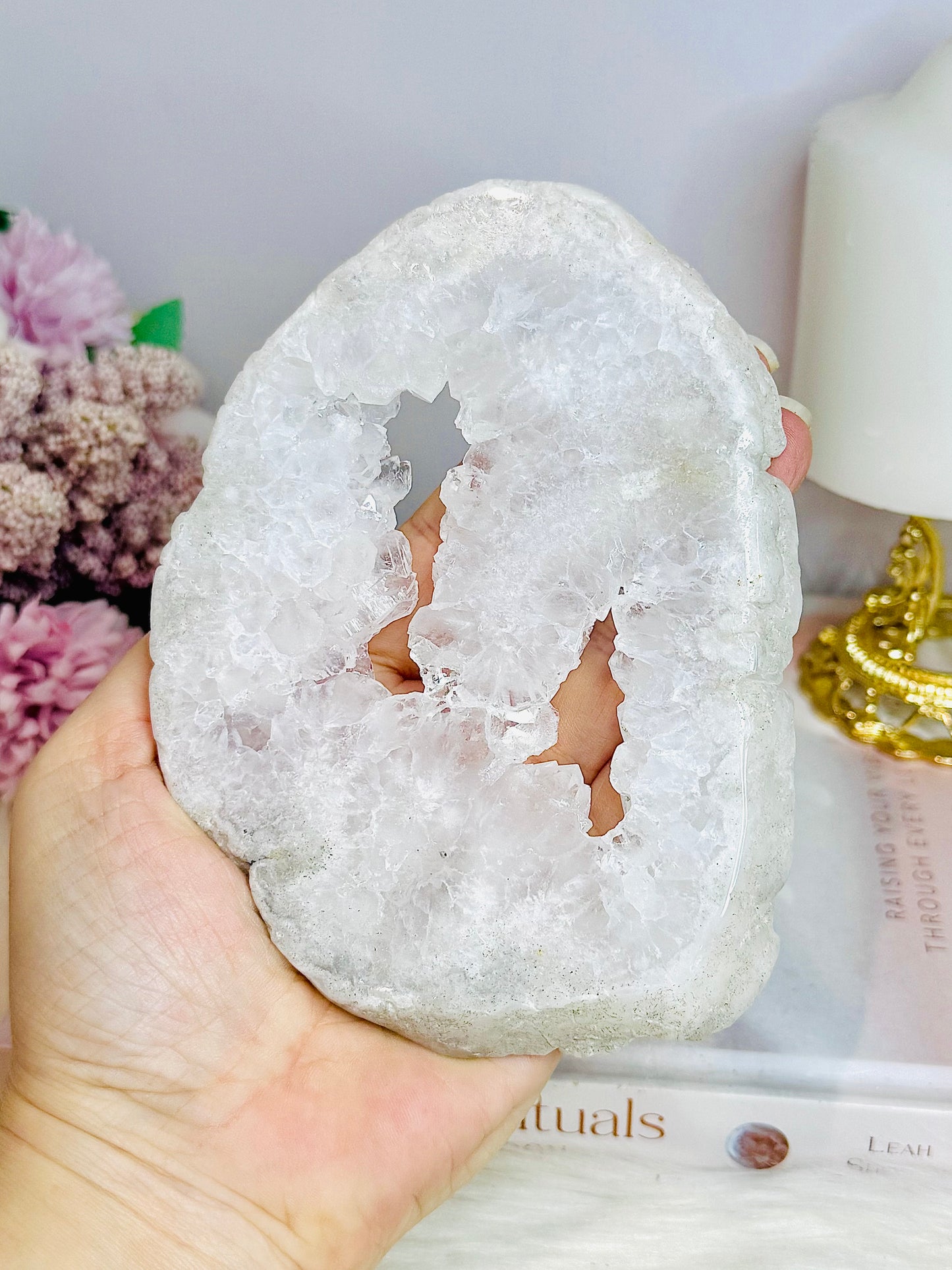 Clear Quartz Natural Druzy Slab 15cm on Glittery Rose Gold Stand