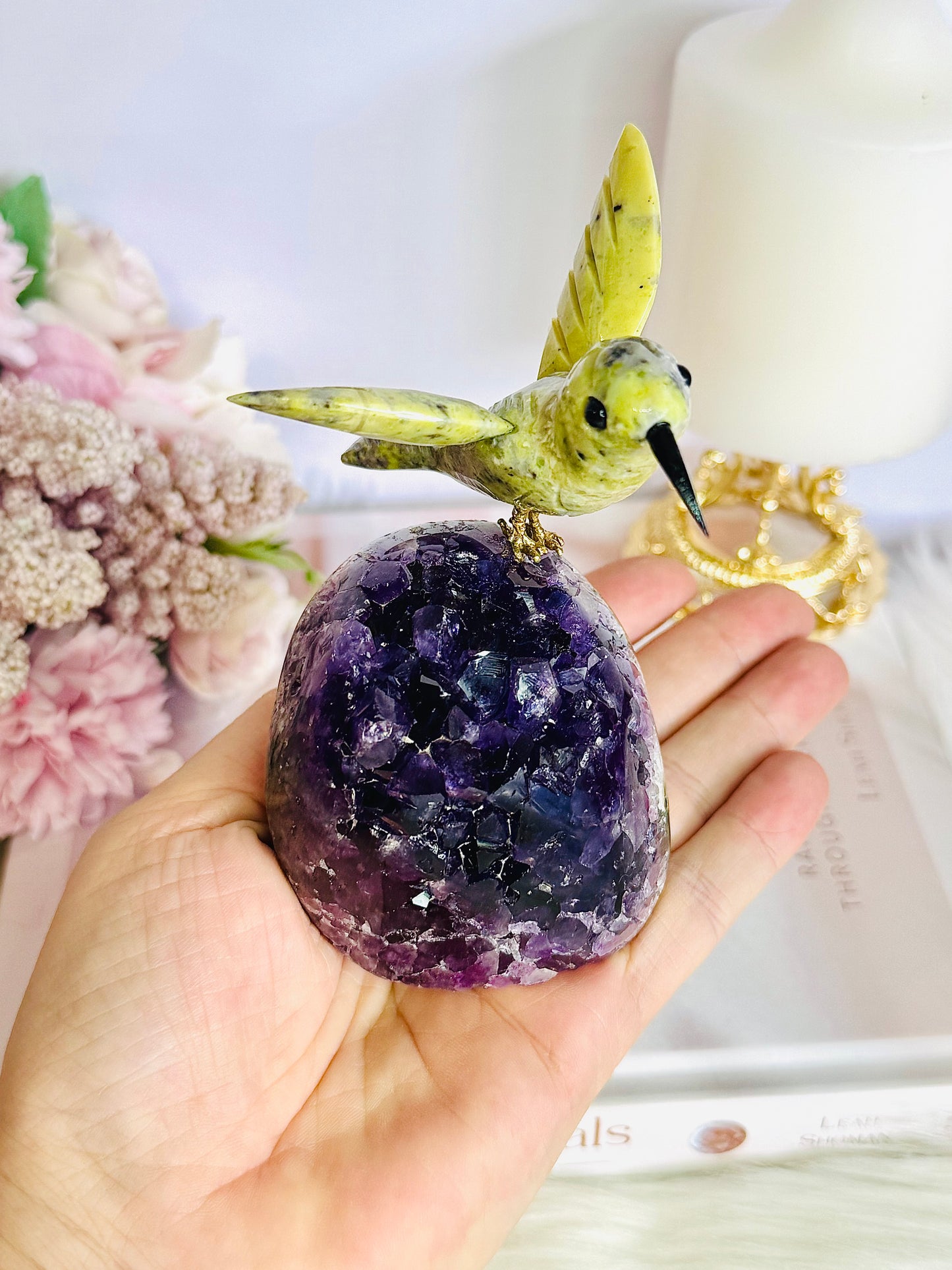 High Grade Deep Purple Amethyst Base Cut Cluster with Jade Carved Hummingbird 13cm