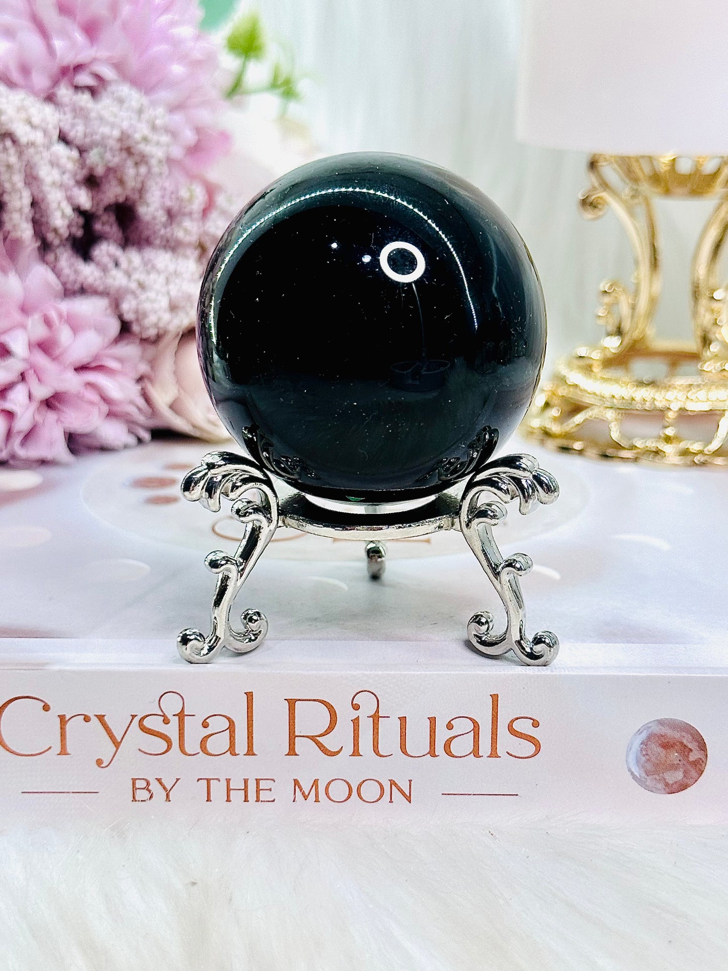 A Protective Stone ~ Wow! Beautiful Black Obsidian Green Chakra Sphere on Stand