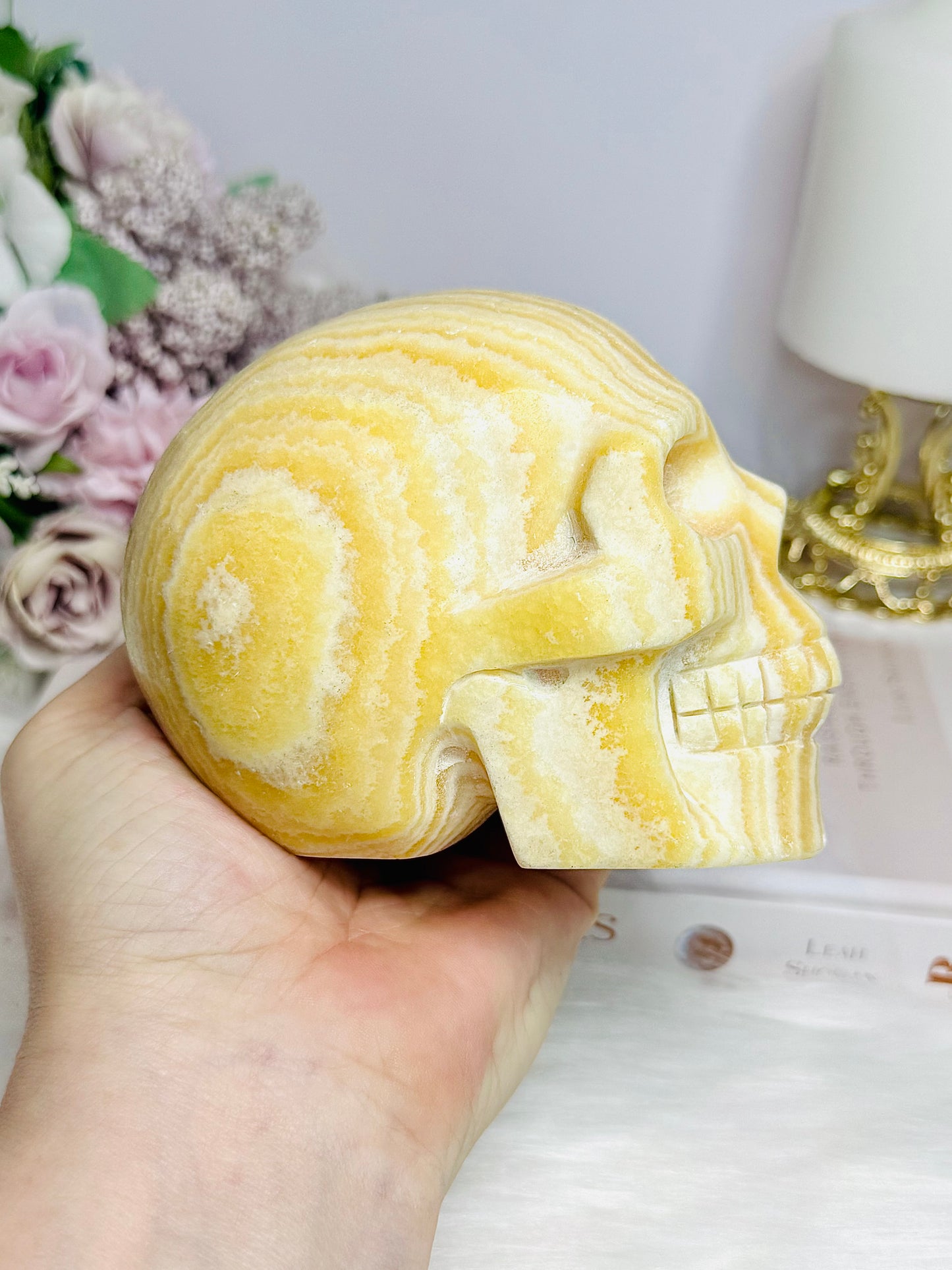Large Orange Calcite Carved Skull 11.5cm 1.01KG