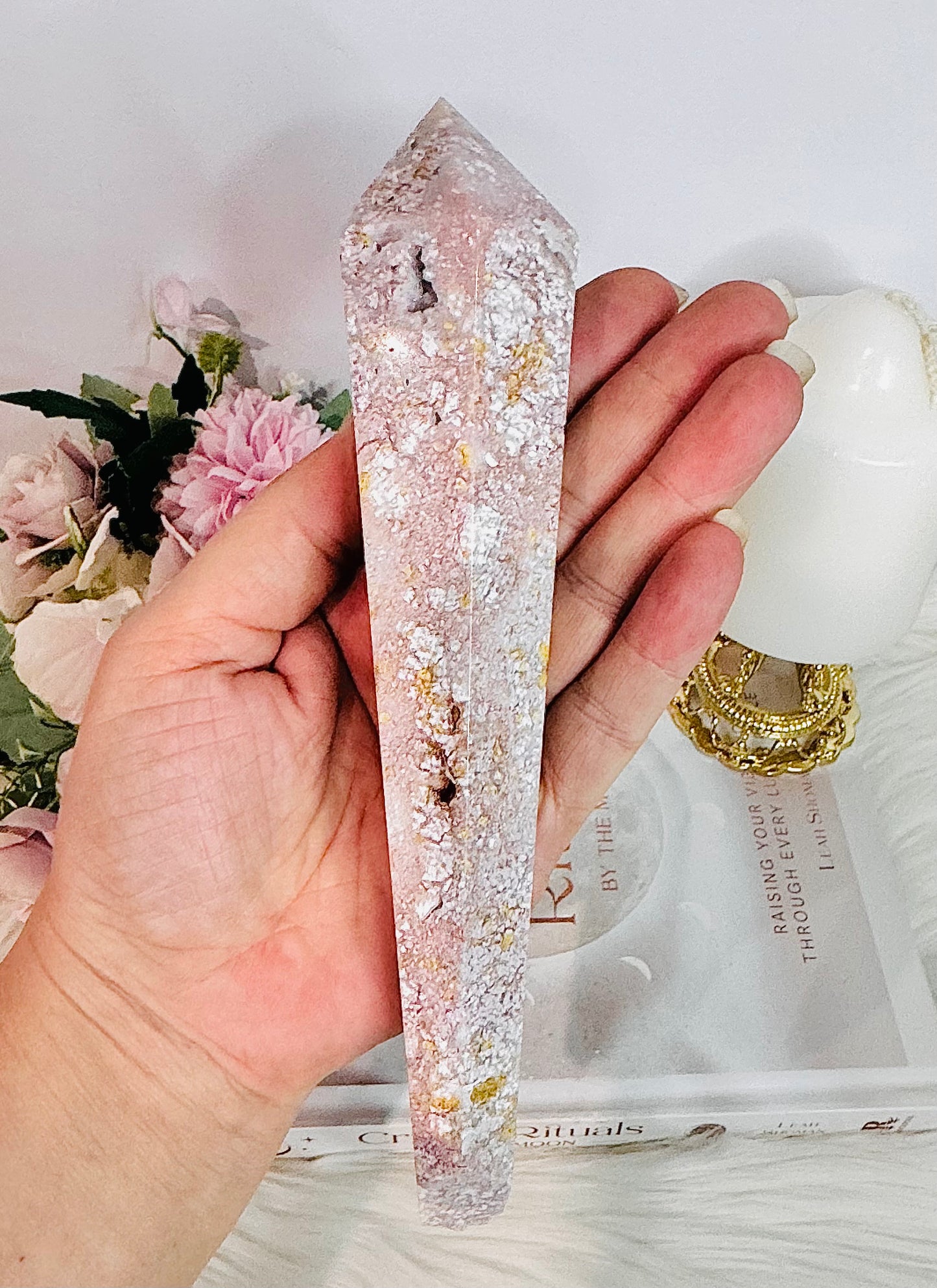 Fabulous Large 20cm Druzy Pink Agate Carved Wand on Stand