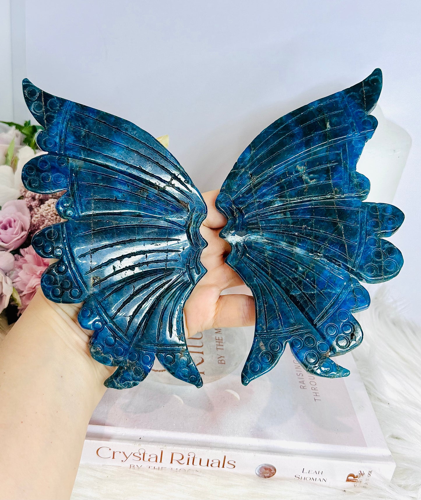 Blue Apatite Butterfly Wings on Stand 25cm ~ Discounted as right side wing has been repaired