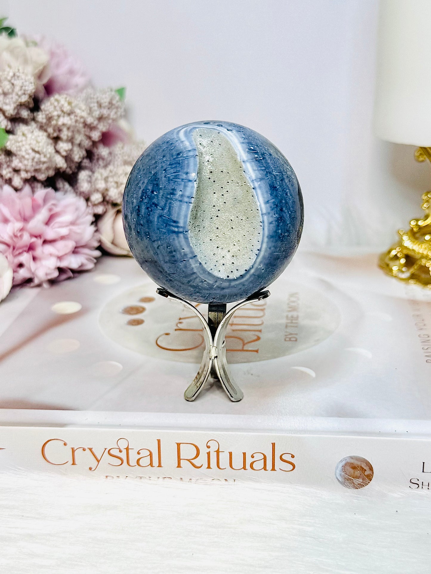 Rare Blue Coral Fossil Sphere on Stand 205g