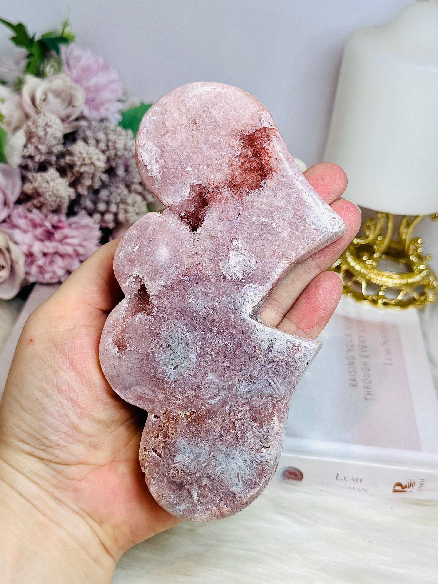 Large Pink Amethyst Druzy Double Hearts On Stand 15cm Long 471g