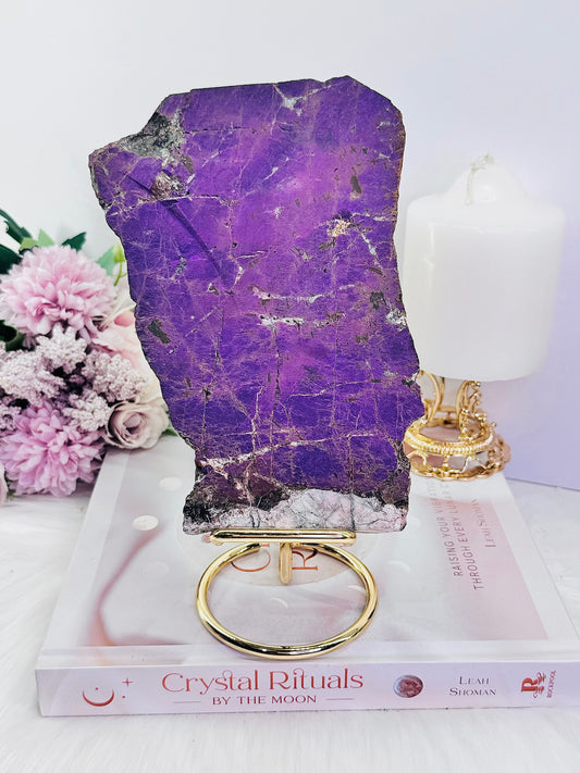 The Stone Of Freedom ~ Incredible Rare Natural Velvet Purpurite Huge Slab On Gold Stand, 22cm (Inc Stand) 683grams