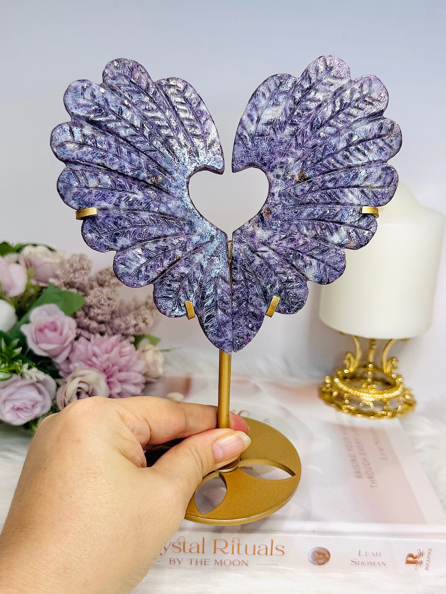Large Lepidolite Feather Style Heart On Stand 20.5cm
