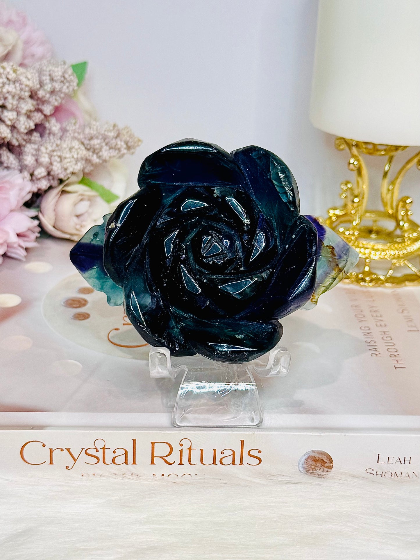 Fluorite Carved Flower On Stand 10cm 277g