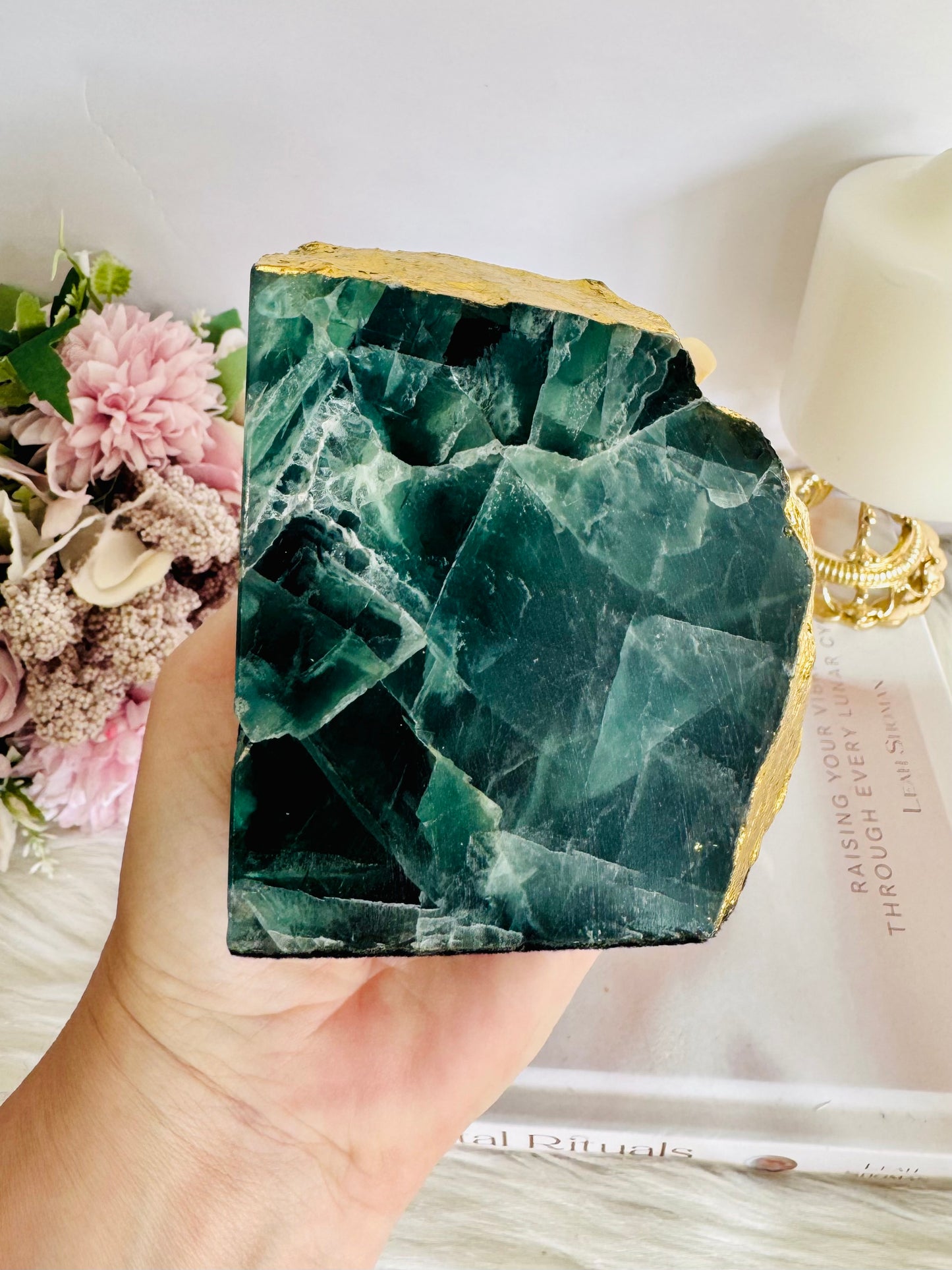 Absolutely Stunning Large Chunky 1.82KG Green Fluorite Gold Plated Book Ends