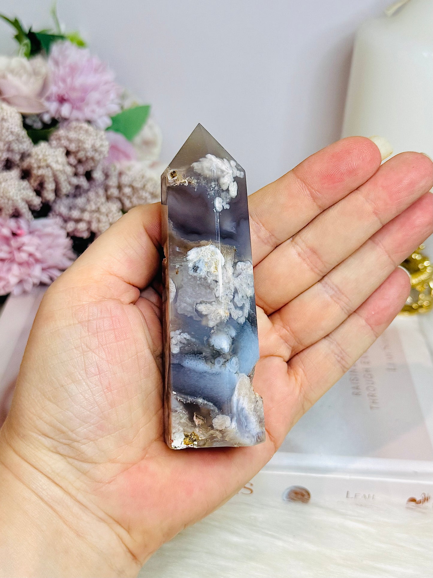 Blue Flower Agate Tower 10cm