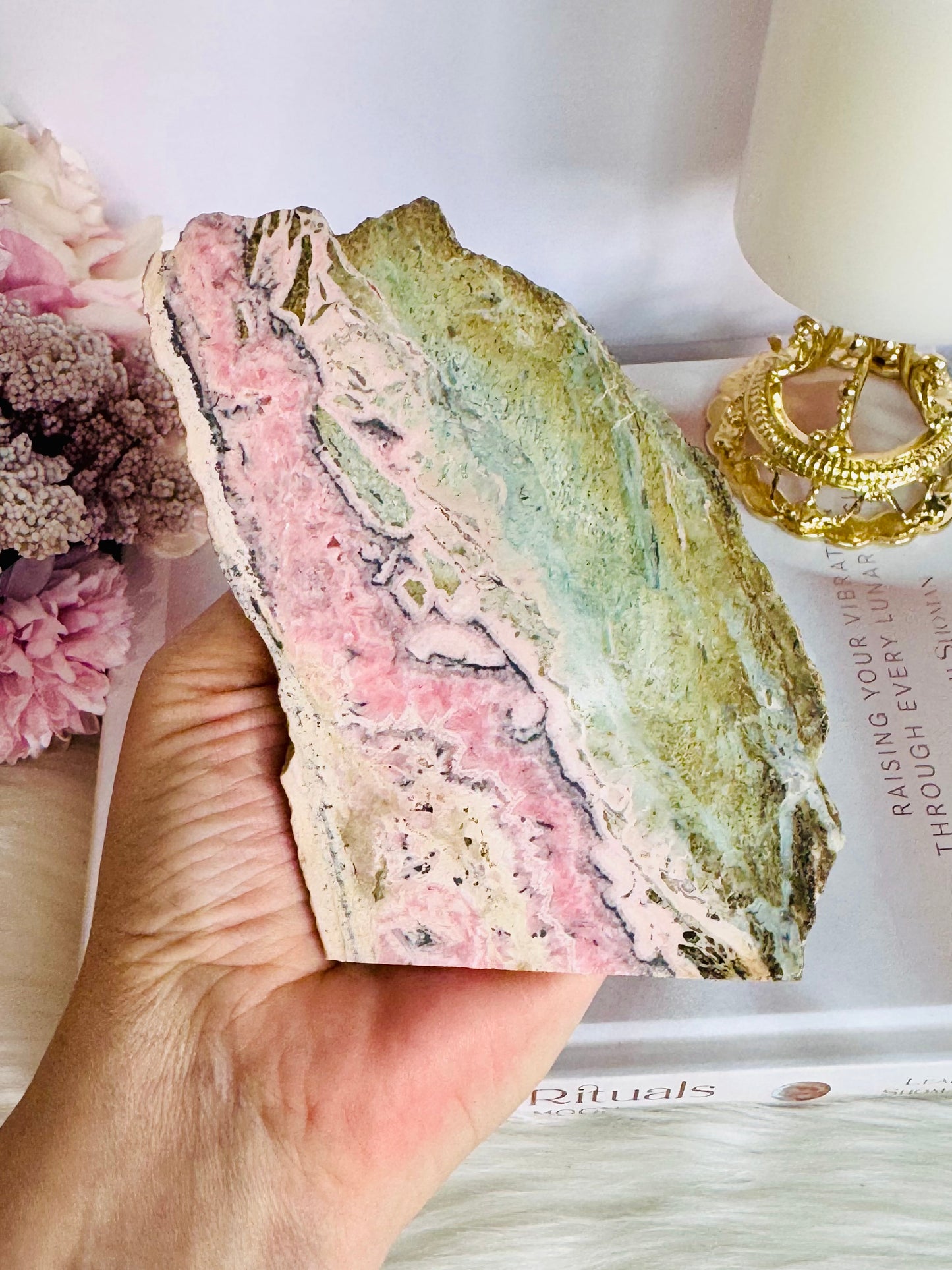 Natural Large Rhodochrosite Slab On Stand 11cm From Peru