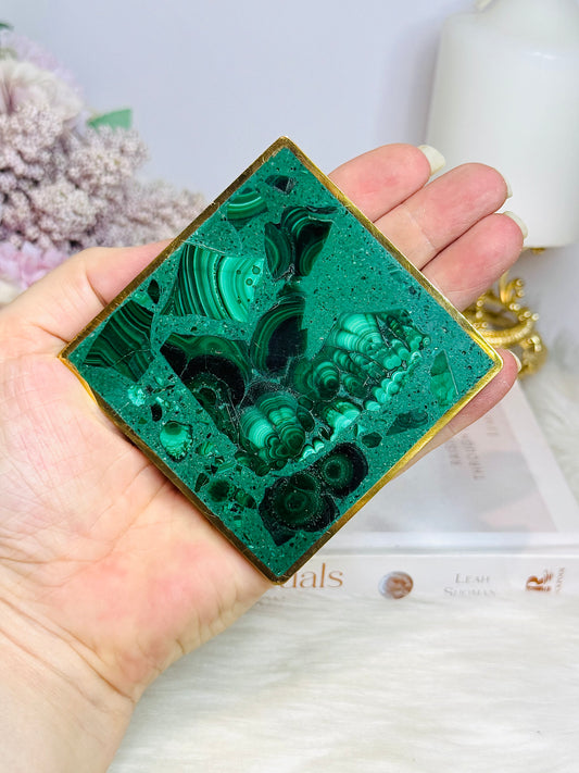 Natural Malachite Coaster with Gold Trim 8cm 184g