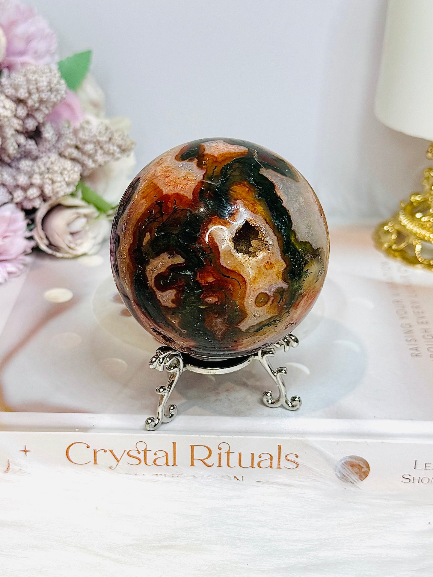 Large Red Moss Agate Druzy Sphere on Stand 452g