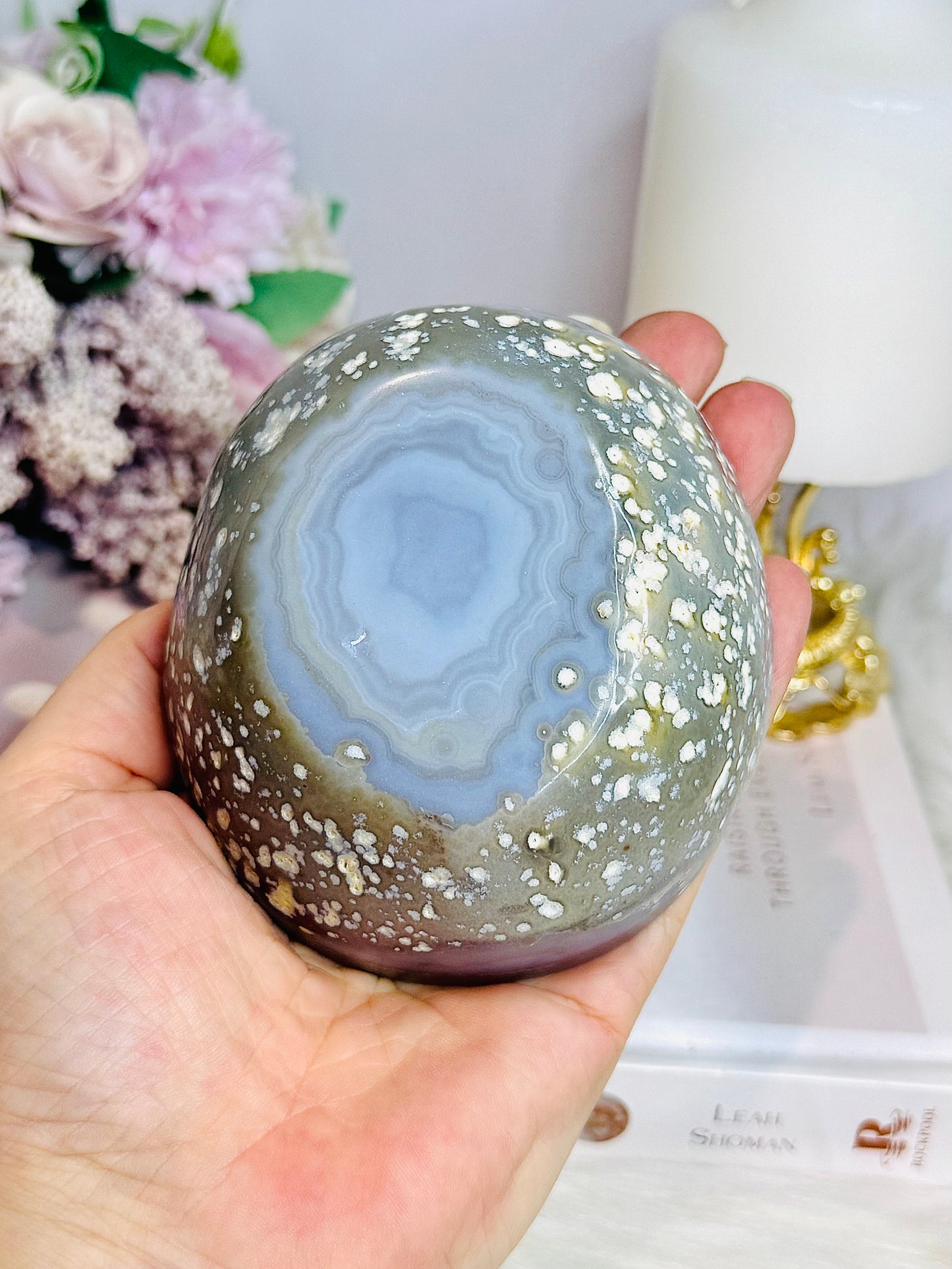 Natural Agate Carved Bowl Filled with Clear Quartz Tumbles 443g