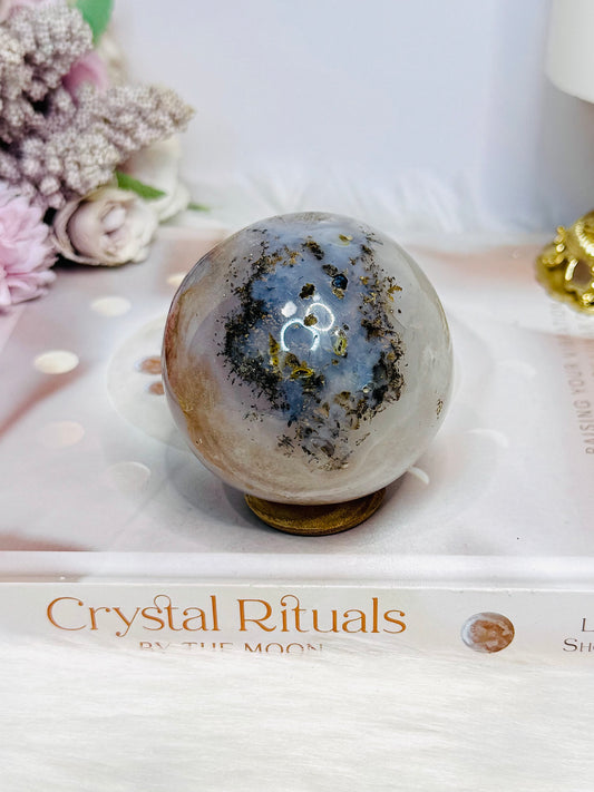 Natural Dentrictic Agate Druzy Sphere On Stand 333g