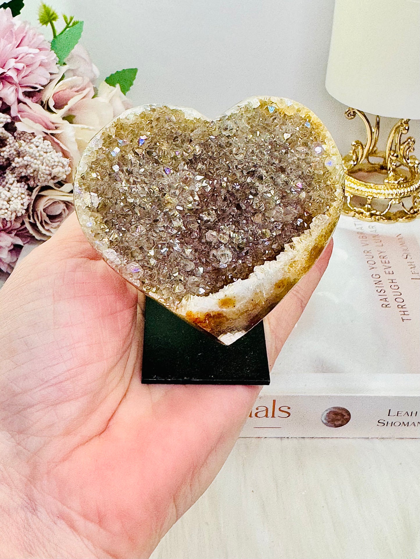 Sparkling 8cm Angel Aura Druzy Agate Carved Heart on Stand From Brazil