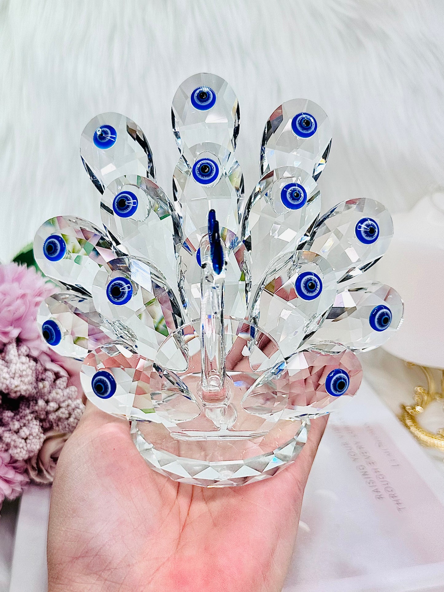 For Protection ~ Exquisite Large 15cm Glass Evil Eye Peacock Figurine combining elegance and mystique