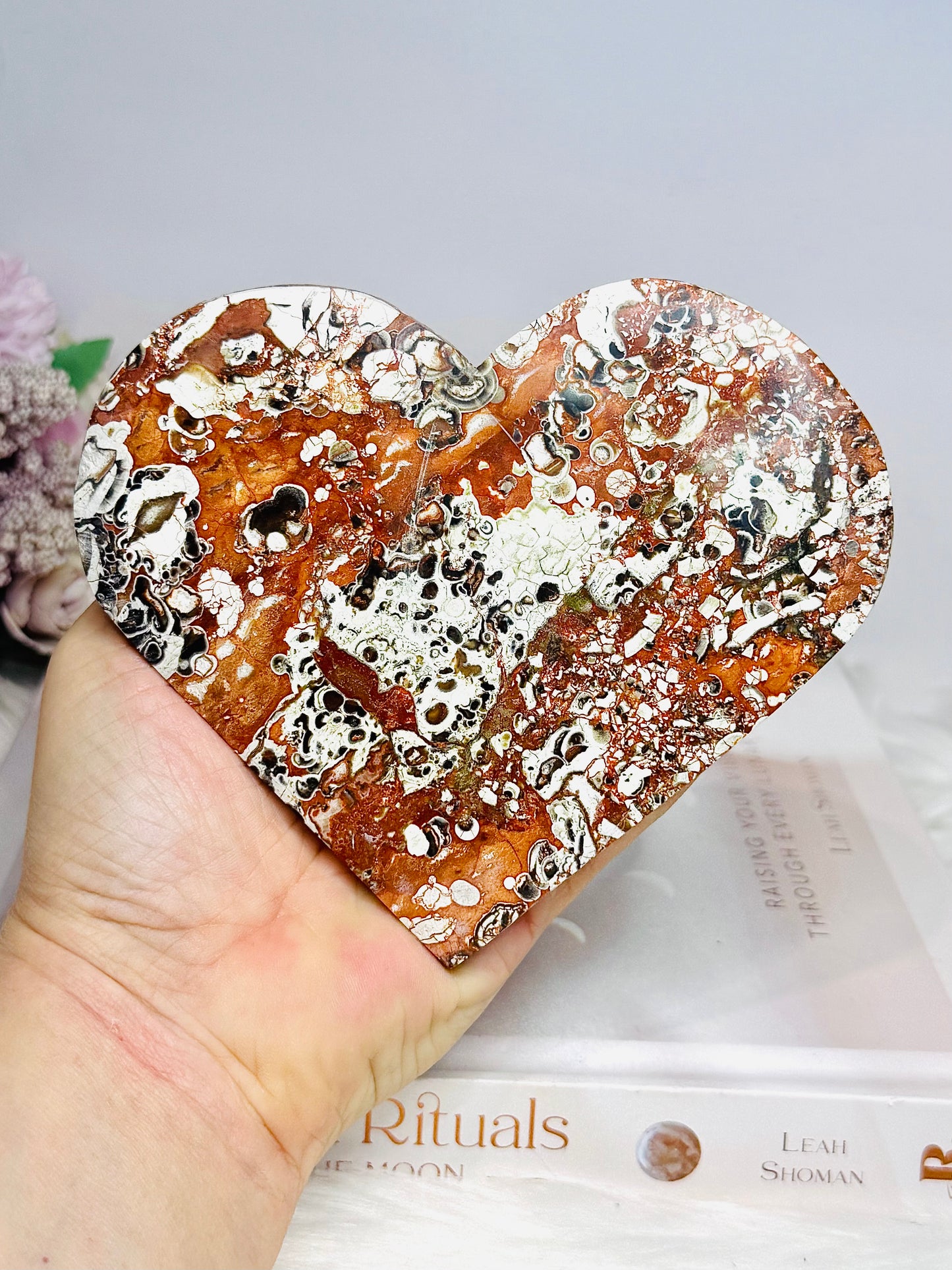 Large Money Agate Carved Heart on Stand 15cm