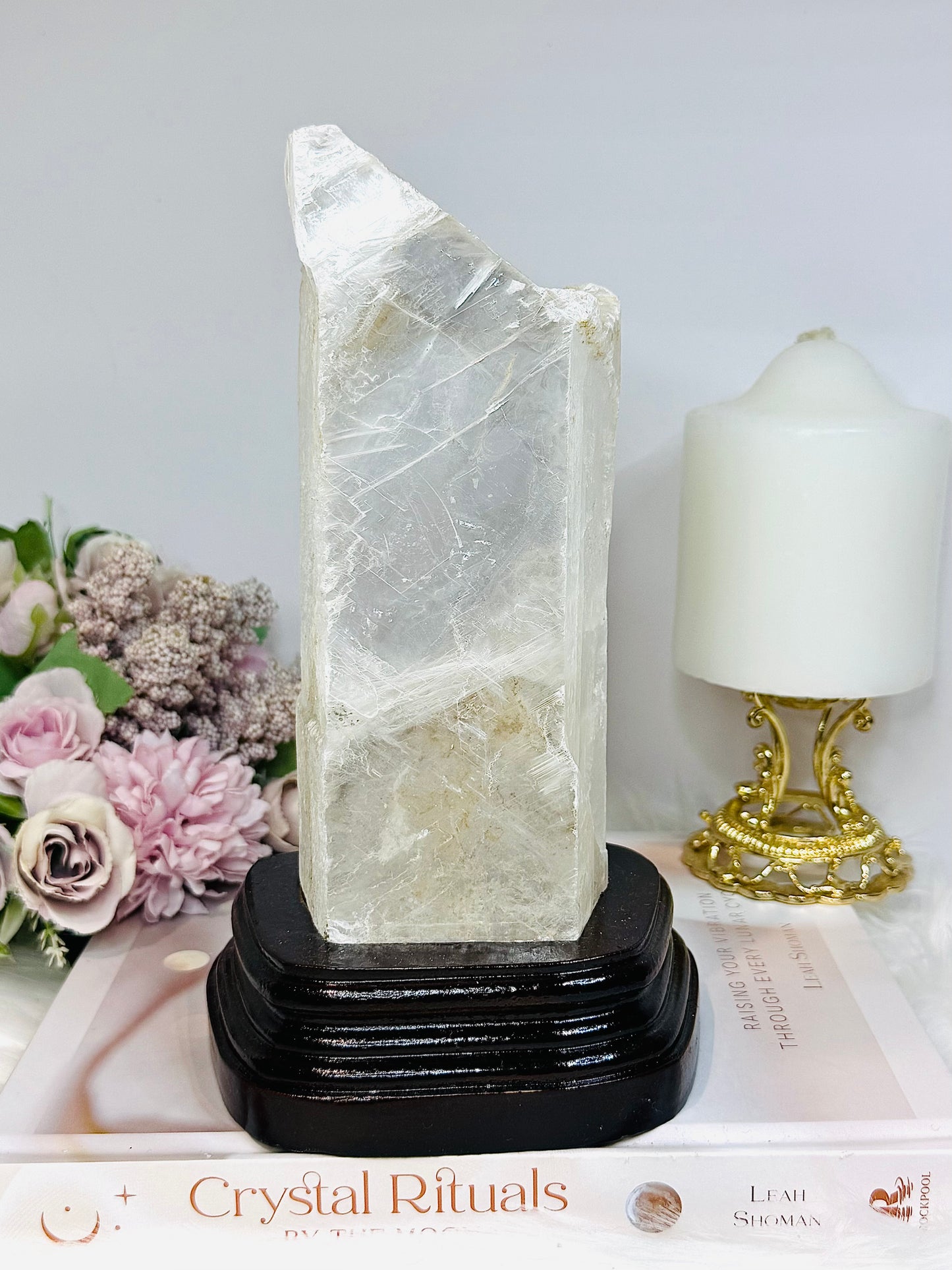 Large Natural Selenite On Timber Stand 21cm 1.1KG