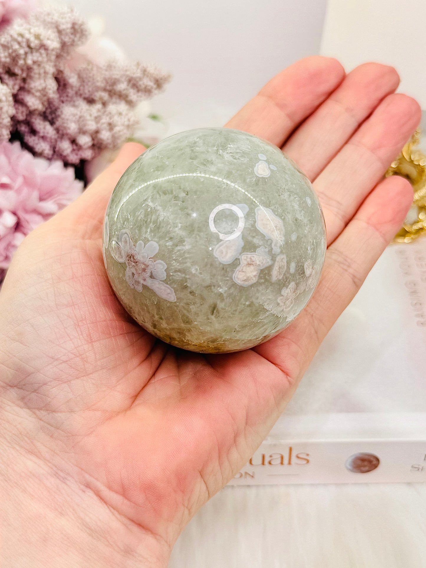 Elegant Green Flower Agate Sphere On Stand 301grams