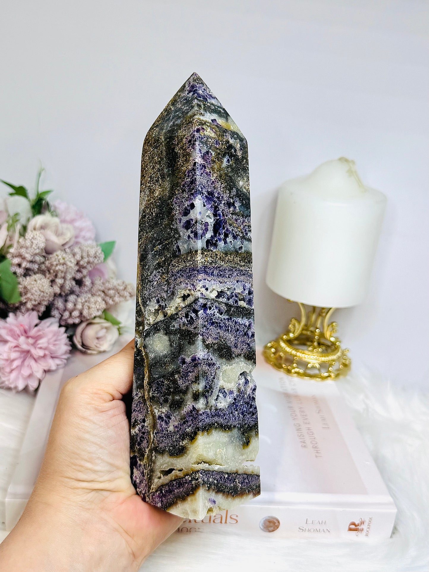 Large Purple Fluorite X Sphalerite Druzy Tower 20cm 747g