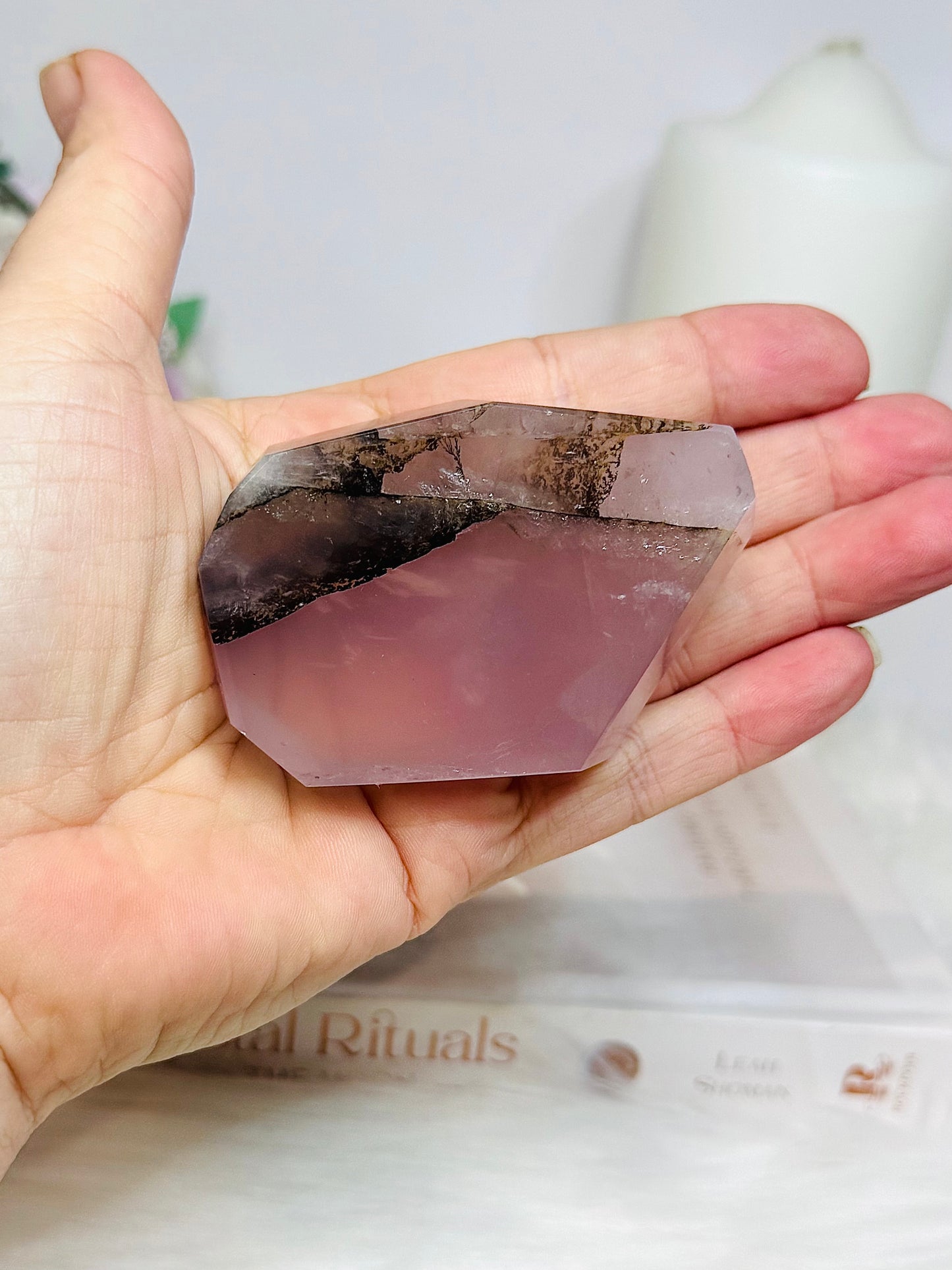Natural Rose Quartz Freeform with Fern Tree Dentrictic Inclusions 7.5cm