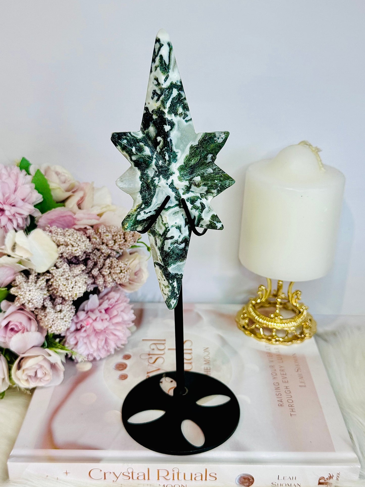 Moss Agate Carved Polaris Star On Stand 24.5cm