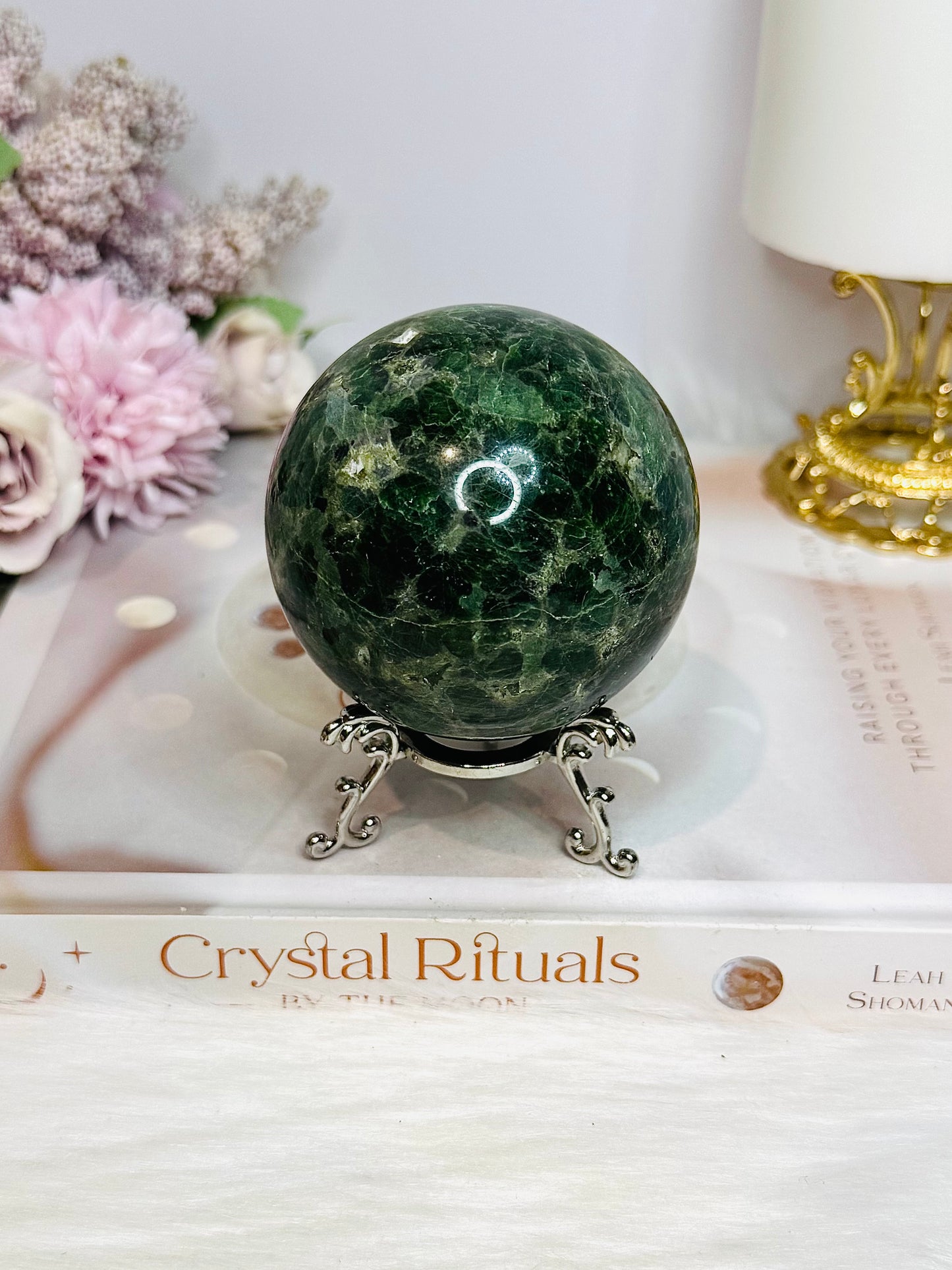 Large Green Diopside Sphere on Stand 503g