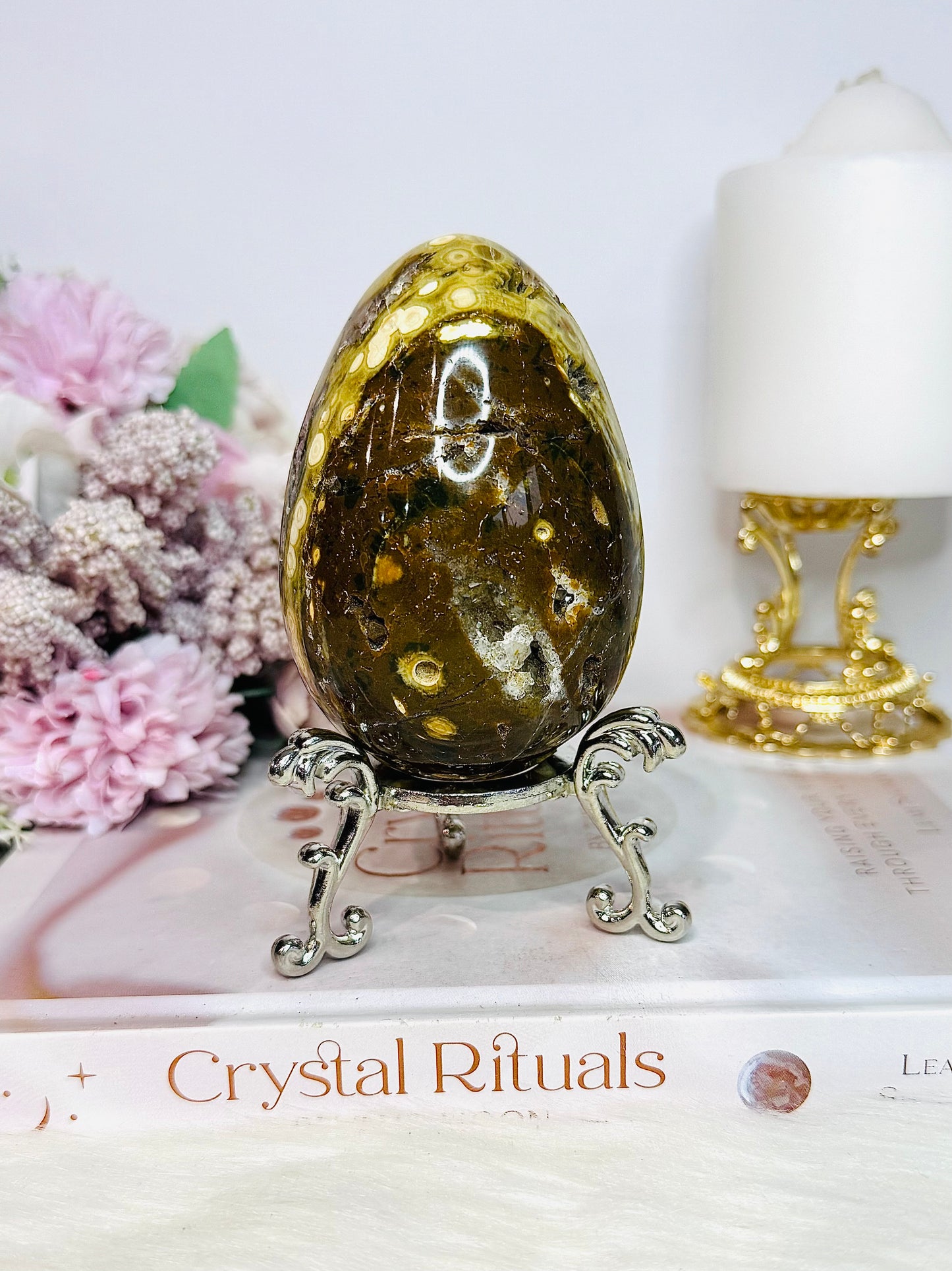 Large Orbicular Ocean Jasper Druzy Egg On Stand 423g