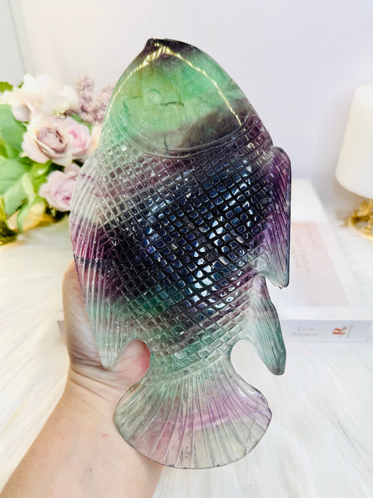Magnificent Huge 23cm 784gram Carved Perfection Stunning Rainbow Fluorite Fish