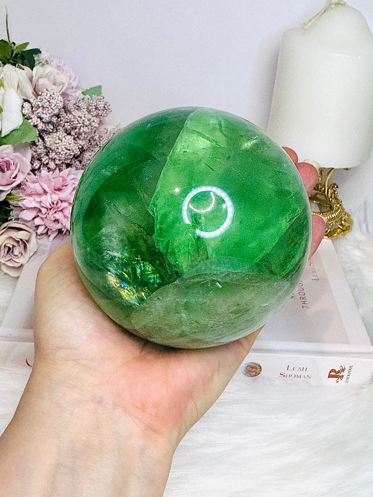 Huge Green Fluorite Sphere with Rainbows On Tall Glass Stand 1.4KG (stand can be changed)