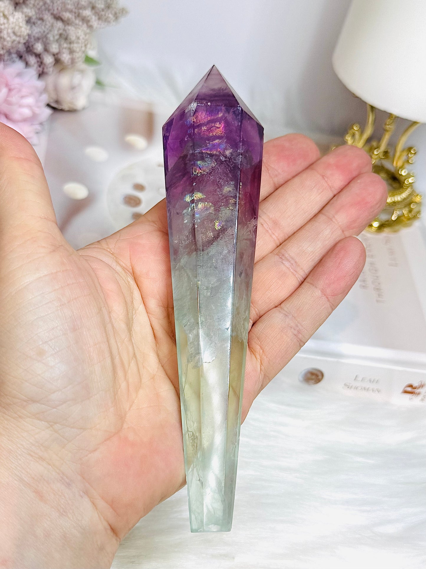 Watermelon Fluorite Tower | Wand with Rainbows 15.5cm