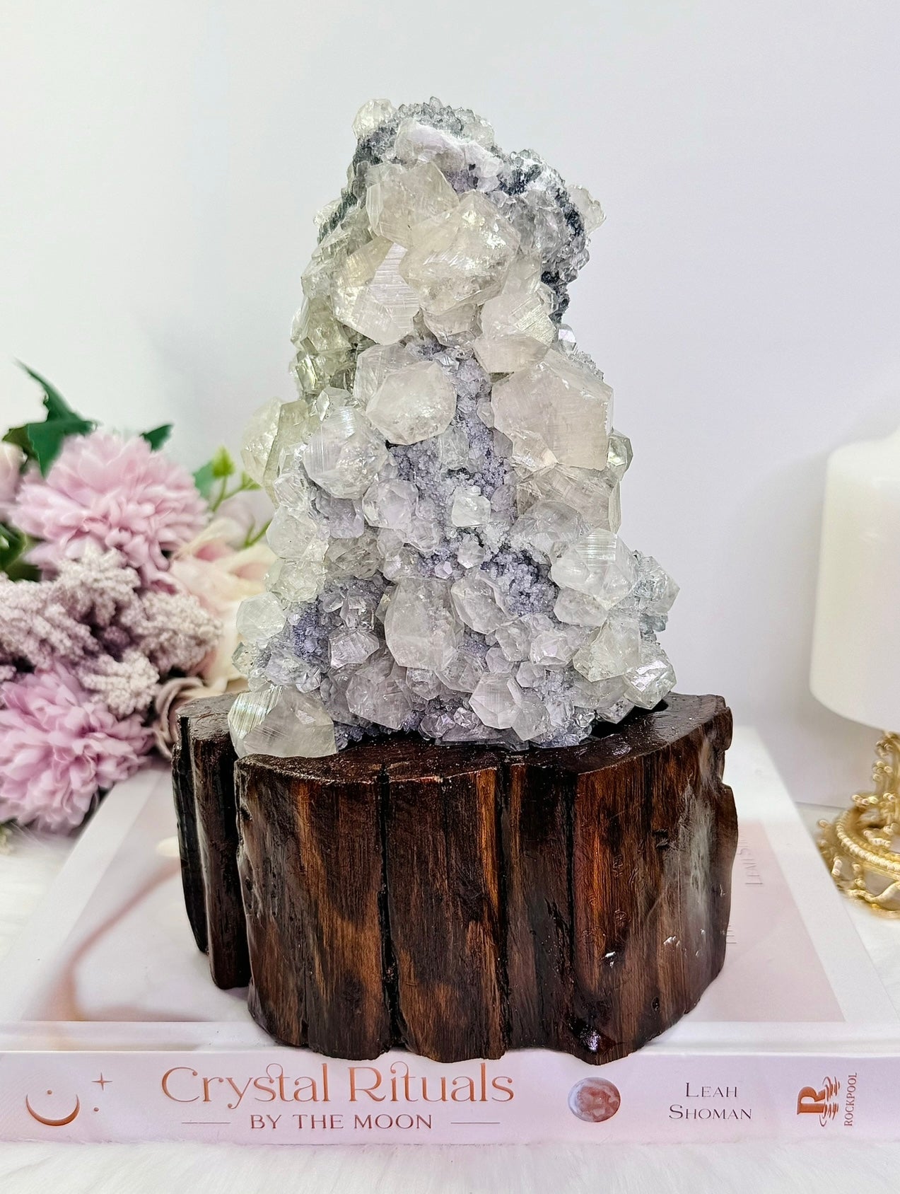 Natural Gorgeous Large Calcite Cluster 20cm On Timber Stand (UV Reactive) 1.86KG