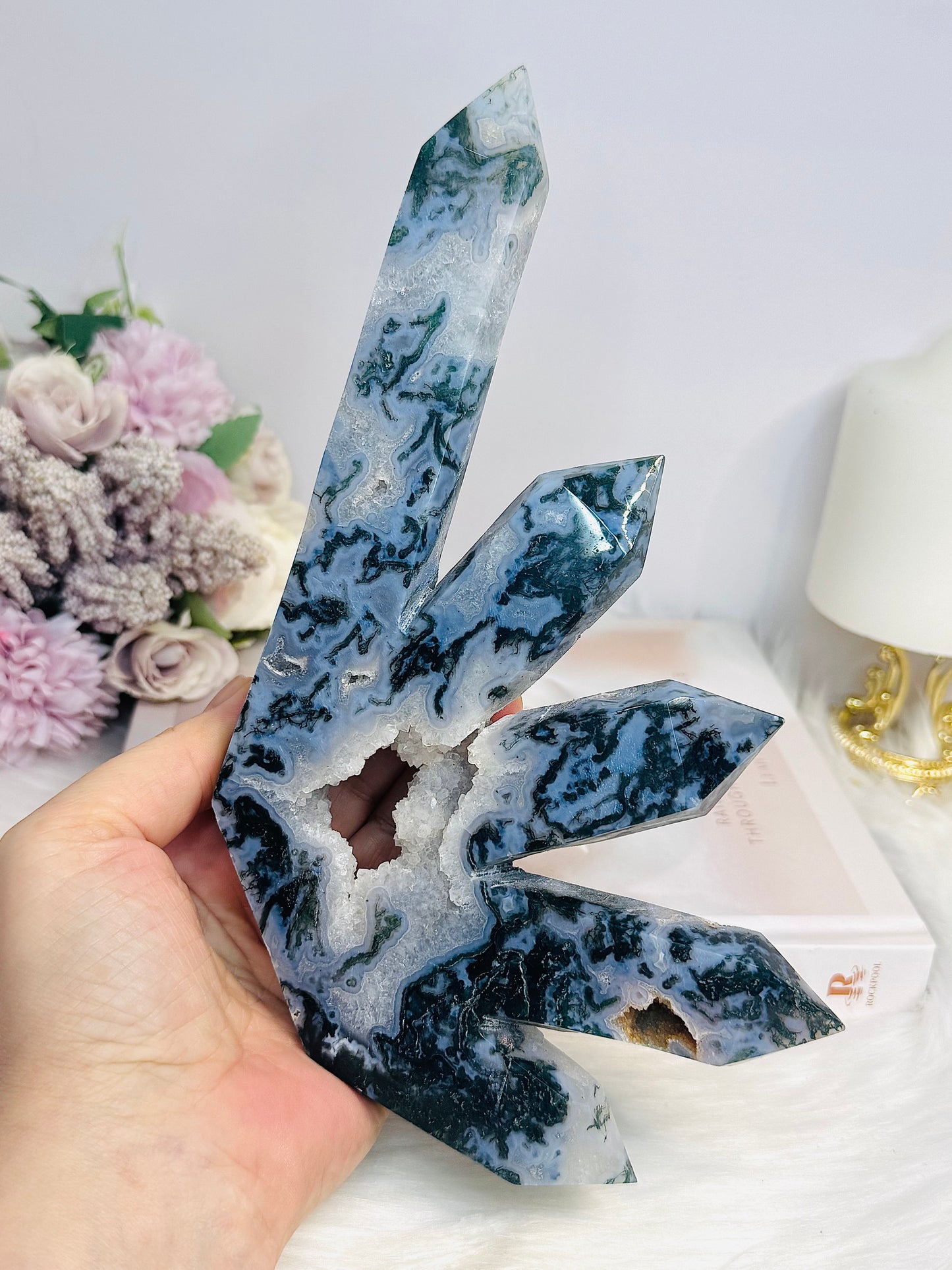 Moss Agate Druzy 5 Point Tower 22cm 638g