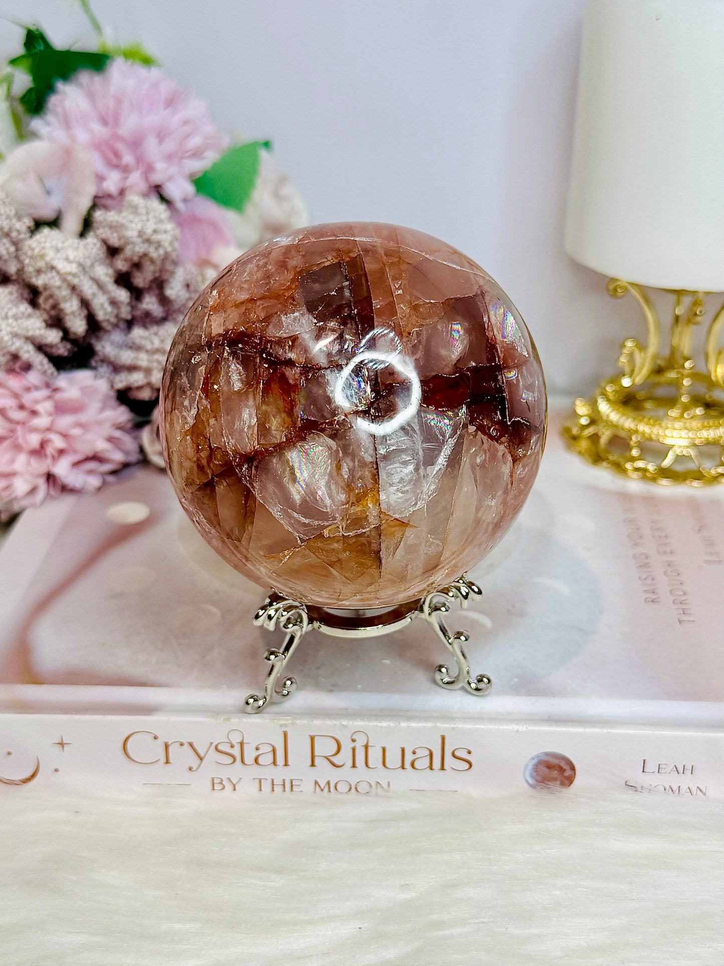 High Grade Large Fire Quartz | Hematoid Quartz Sphere with Rainbows on Stand 725g