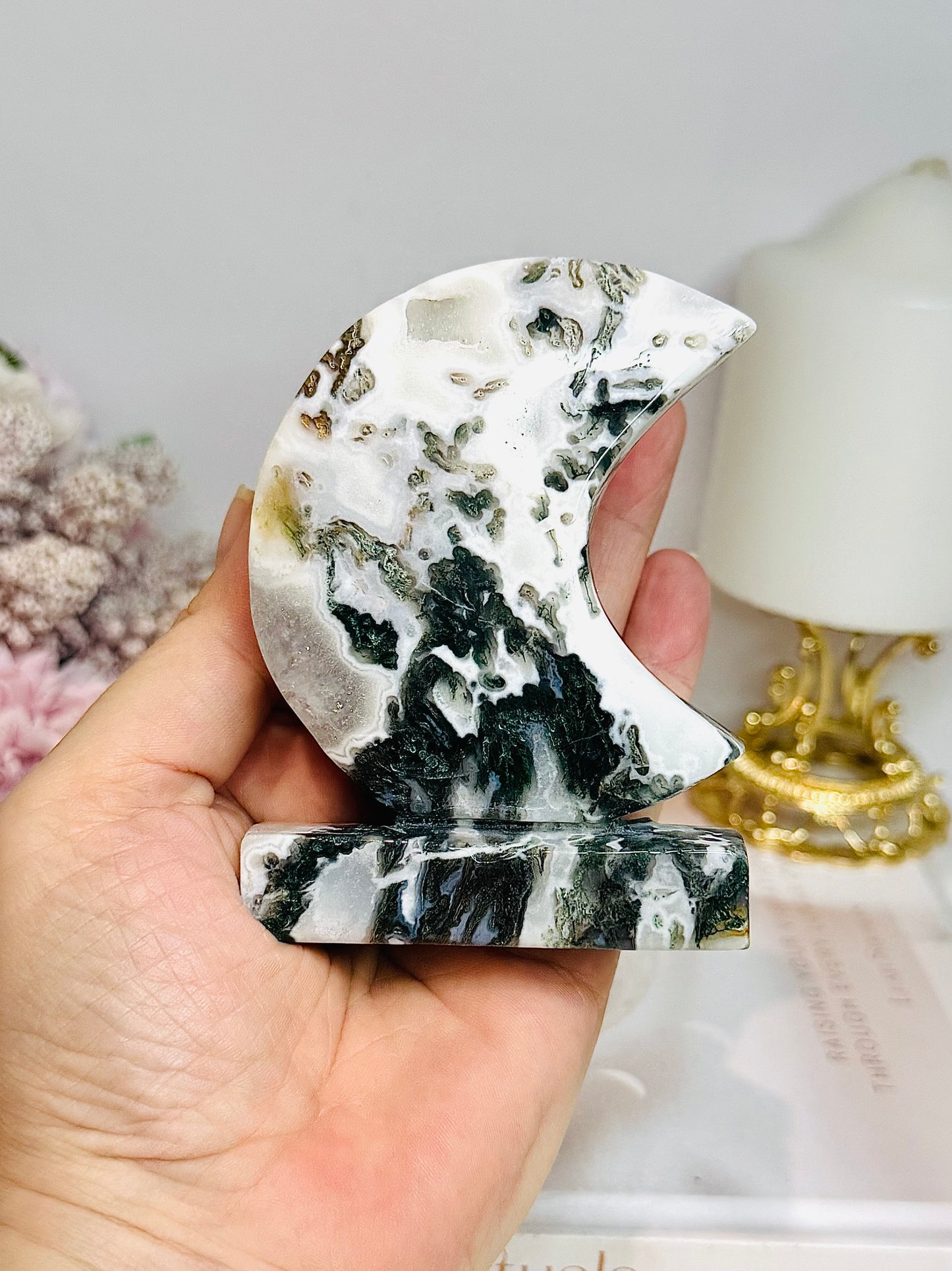 Moss Agate Druzy Moon On Stand 9.5cm 243g