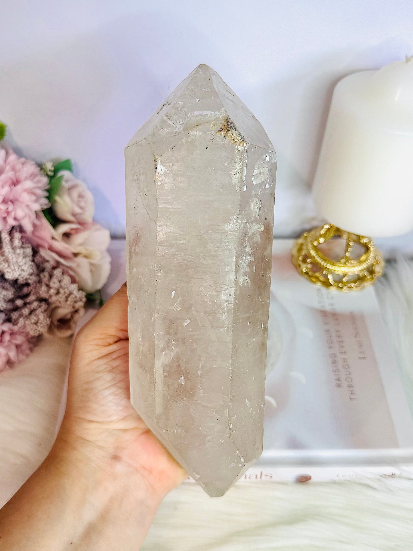 Huge Stunning 1.39KG Natural Lemurian Quartz Chunky Double Terminated Point | Tower On Stand From Brazil