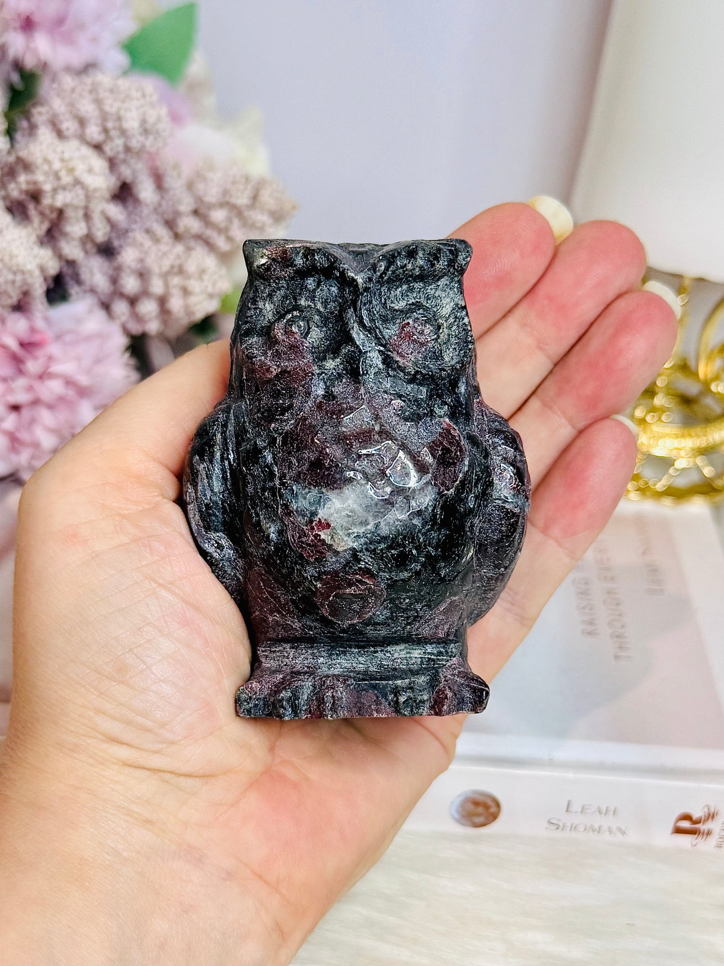 Chunky Garnet In Astrophyllite Carved Owl 9cm 410g