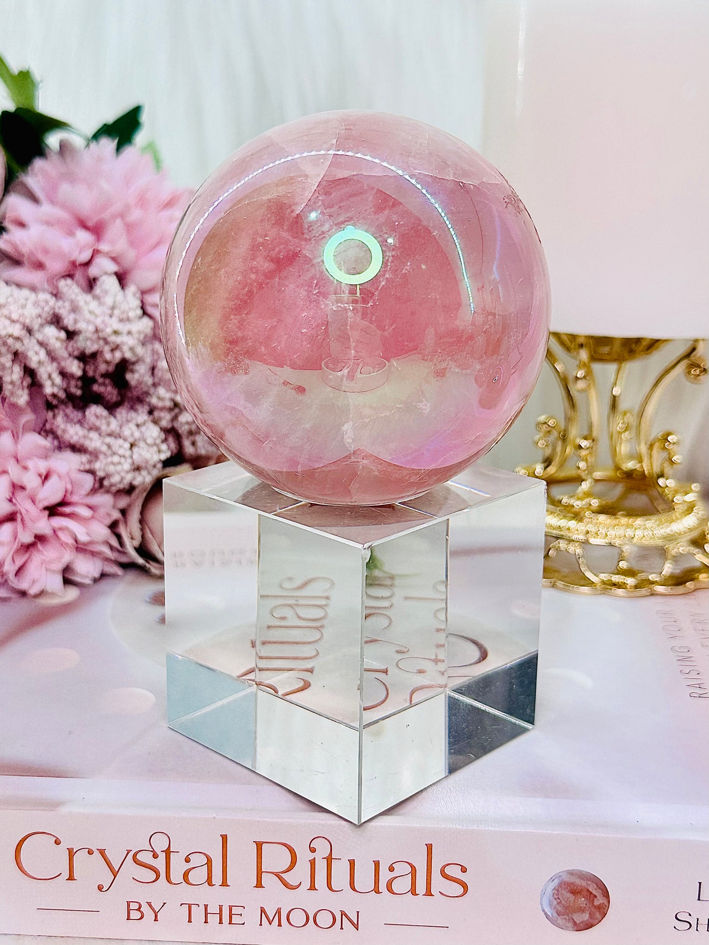 Unconditional Love ~ Absolutely Incredible Large Angel Aura Rose Quartz Sphere on Silver Stand 445grams (Glass stand in pic is display only)