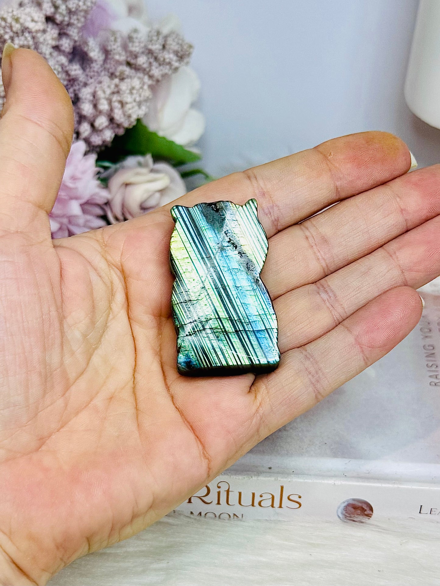 For Sue - Labradorite Carved Owl Full of Flash 5cm