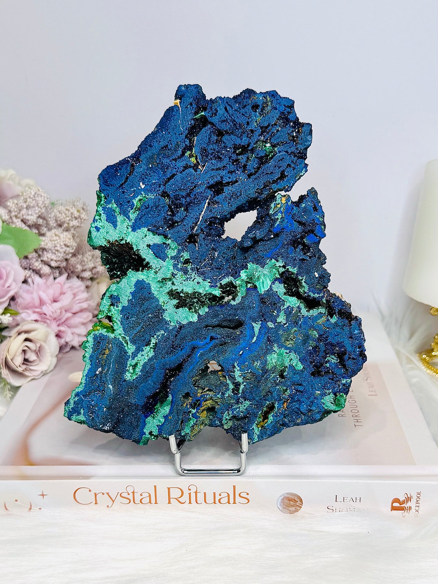 High Grade Azurite Slab with Malachite Inclusions on Stand 16cm 508g